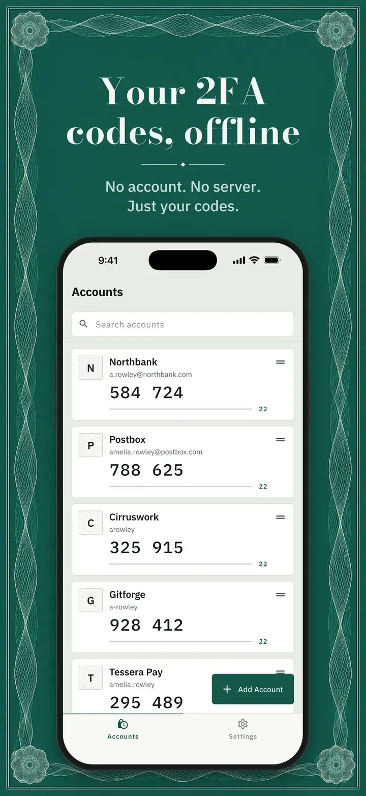 AuthBook: elenco account con codici a sei cifre e un conto alla rovescia sotto ciascuno