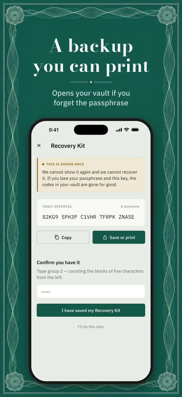 AuthBook: kit di recupero con una chiave unica da copiare, salvare o stampare