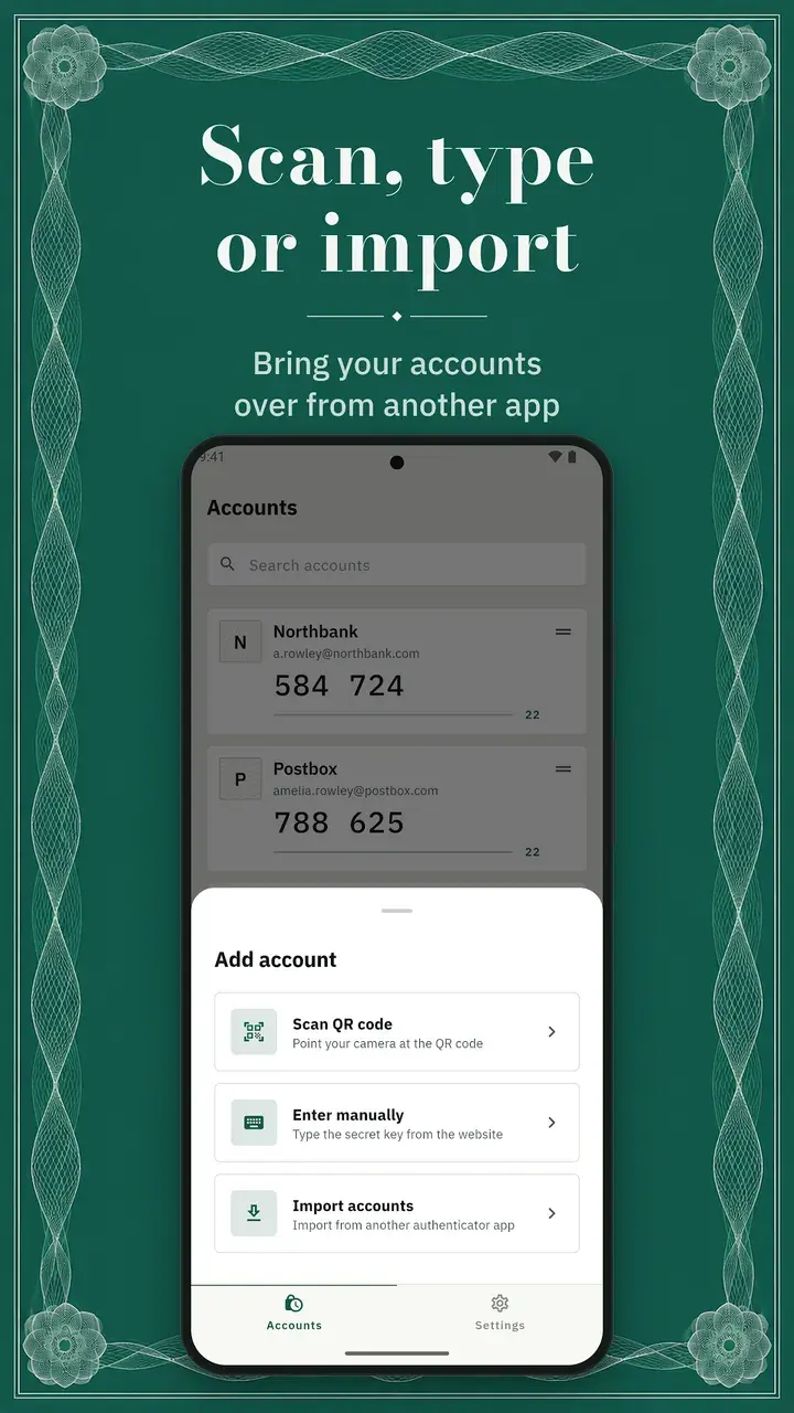 AuthBook: aggiungi un account scansionando un QR code, digitando la chiave o importando
